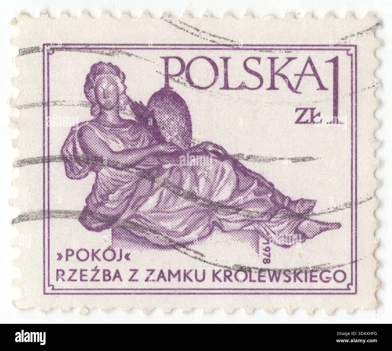 POLOGNE — 1978 septembre 30 : 1 timbre-poste violet zloty représentant l'œuvre d'art "paix" d'André le Brun du château royal de Varsovie, musée d'État et monument historique national. Le château royal de Varsovie est un musée d'État et un monument historique national, qui servait autrefois de résidence royale officielle à plusieurs monarques polonais. Les bureaux personnels du roi et les bureaux administratifs de la cour royale ont été situés dans le château du XVIe siècle jusqu'à la partition finale de la Pologne en 1795 Banque D'Images