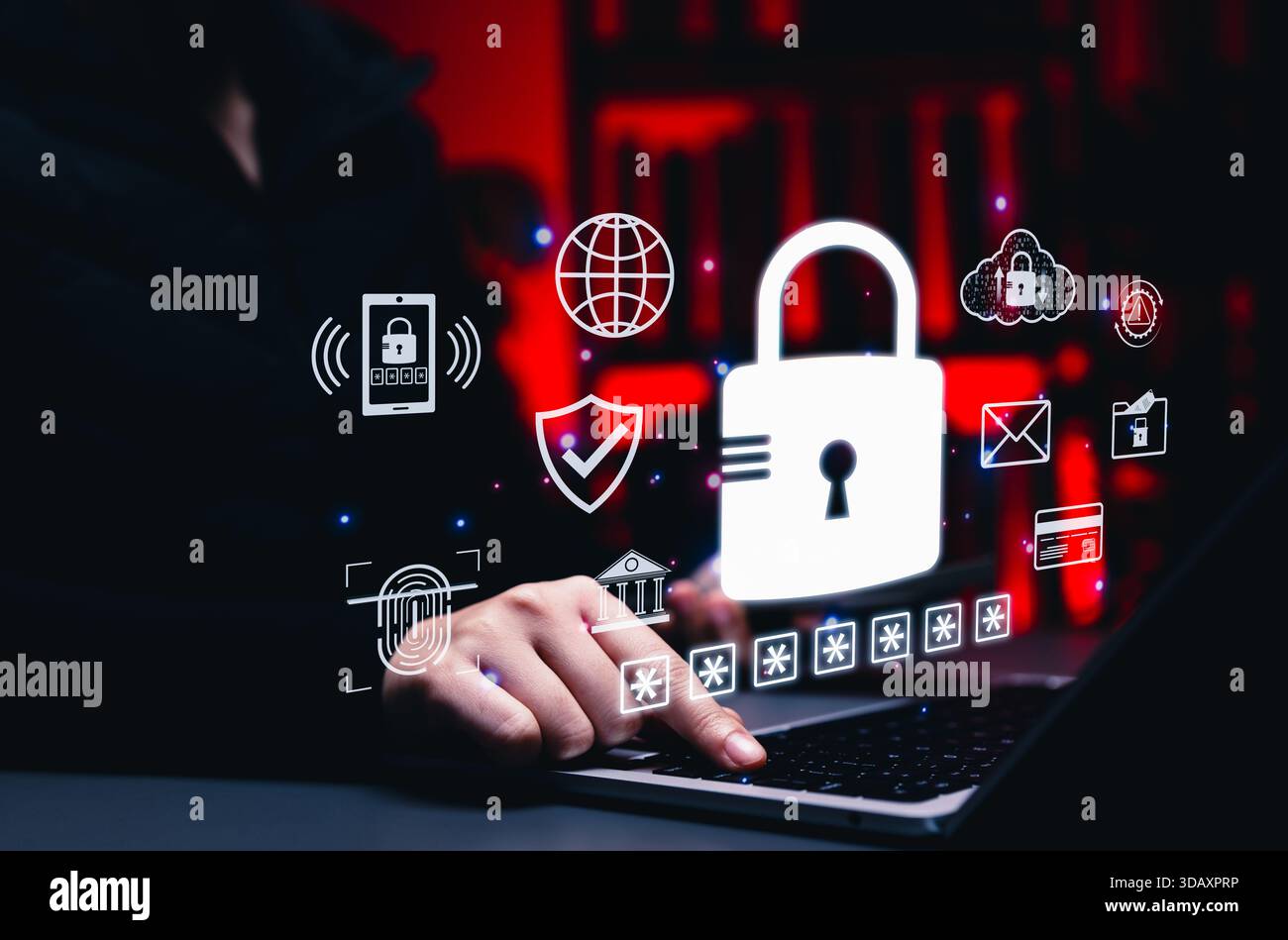 Concept de protection contre la cybersécurité avec icône de verrouillage numérique, lecteur d'empreintes digitales et interface de connexion sécurisée, représentant la confidentialité des données, la sécurité des mots de passe Banque D'Images