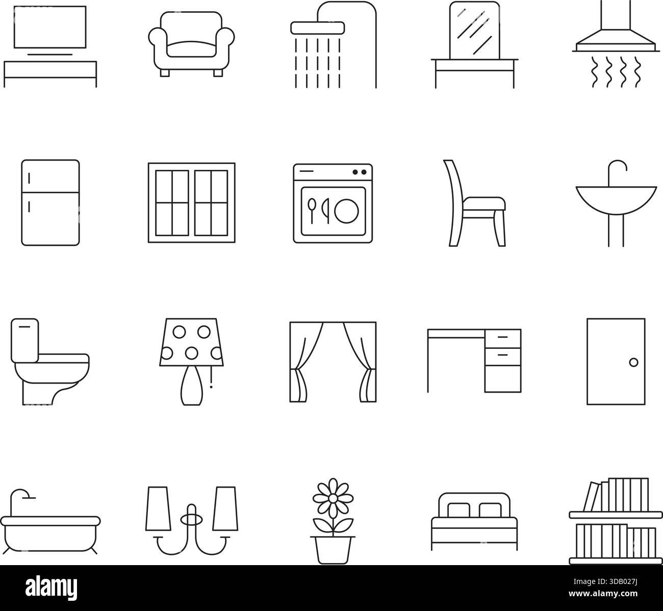 Mobilier de maison et intérieur Thin Line Icons Set. Symboles vectoriels pour les articles ménagers, la décoration intérieure, les appareils électroménagers et le design. Illustration de Vecteur
