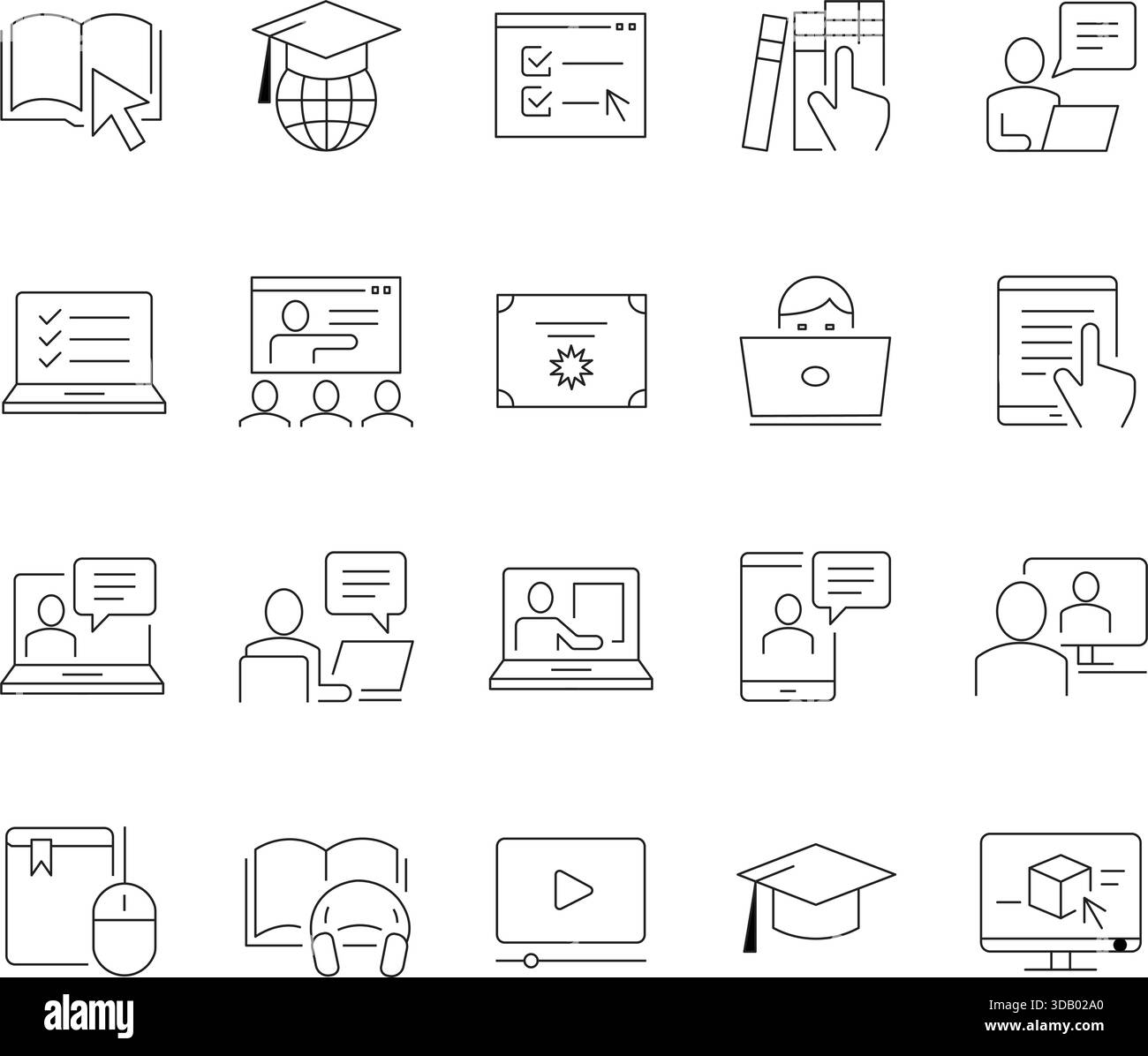 Jeu d'icônes ligne fine pour l'enseignement en ligne et l'apprentissage en ligne. Symboles vectoriels pour l'étude à distance, les cours numériques, l'obtention du diplôme et les connaissances académiques. Illustration de Vecteur