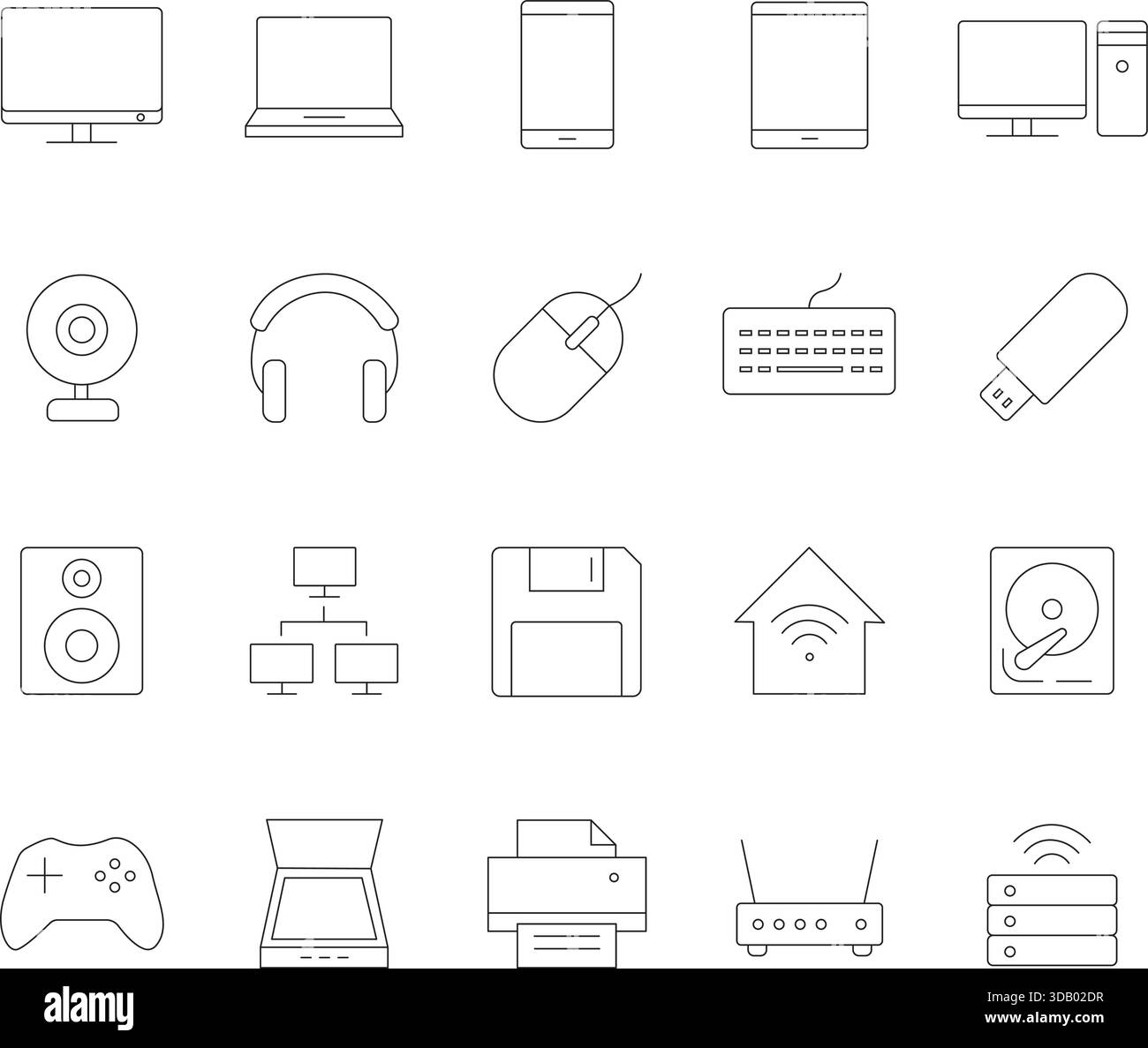 Jeu d'icônes Thin Line pour ordinateur et matériel. Symboles vectoriels pour PC, ordinateur de bureau, périphériques, réseau, stockage de données, et de la technologie numérique. Illustration de Vecteur