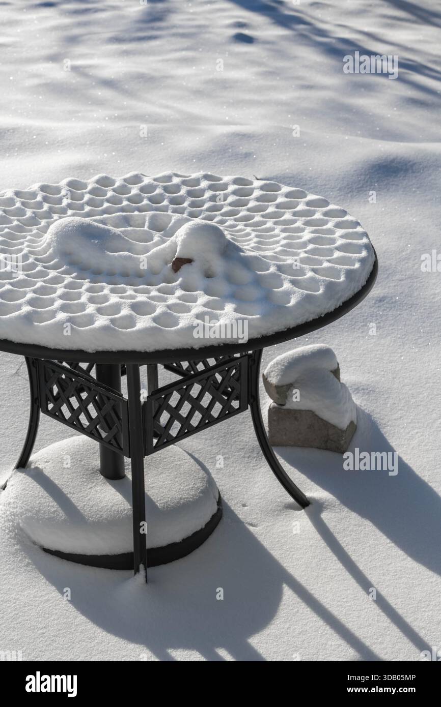 La neige douce transforme une table de pique-nique en métal en un beau motif, scintillant dans la lumière chaude du soleil d'une journée d'hiver à Ludington. Banque D'Images