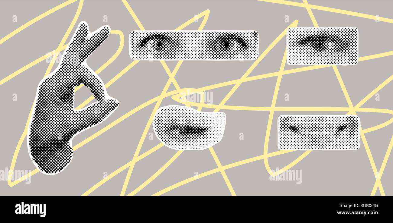Collage demi-ton avec les lèvres et les yeux de la main. Parties abstraites de visage humain dans un style pop art pointillé. Concept de conception rétro vectorielle. Composition surréaliste moderne Illustration de Vecteur