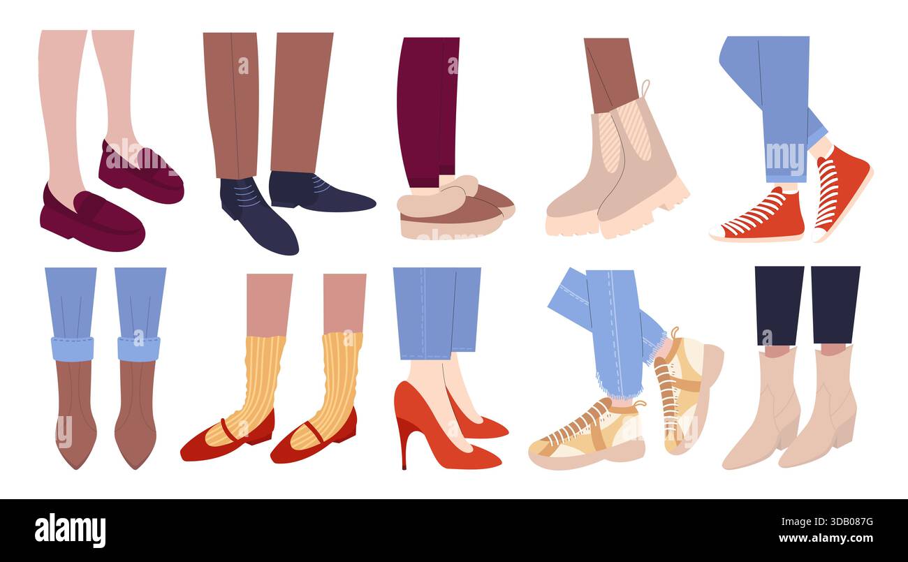 Jambe portant différentes chaussures tendance ensemble Illustration de Vecteur