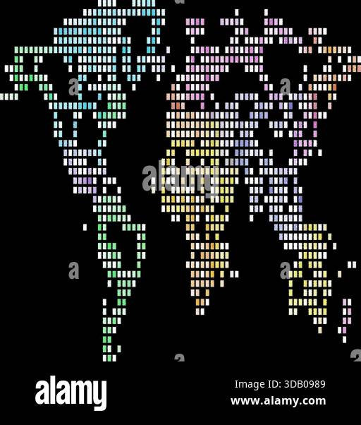 Illustration numérique pixelisée de carte du monde sur fond noir, avec une grille de carrés colorés représentant les continents et les océans. Illustration de Vecteur