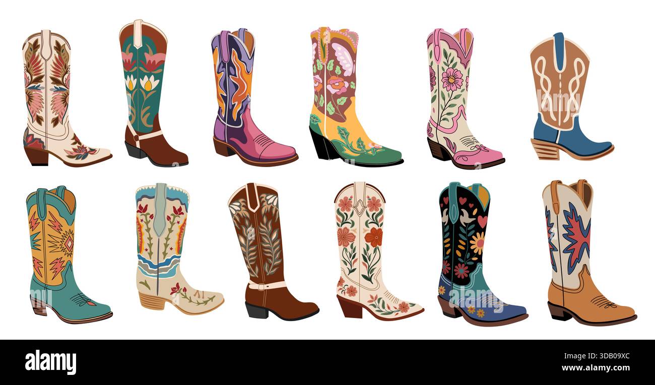 Ensemble de différentes bottes décoratives de cow-boy occidental Illustration de Vecteur