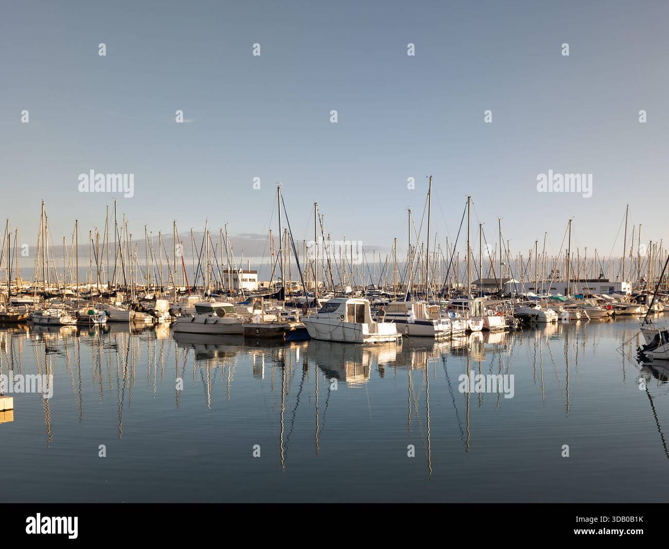 De nombreux voiliers et bateaux à moteur accostaient à une marina tranquille, leurs mâts se reflétant clairement dans l'eau calme sous un ciel lumineux Banque D'Images