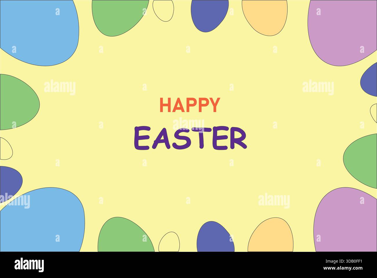 Design de carte de Pâques lumineux et joyeux avec des œufs colorés sur un fond jaune avec texte de Pâques joyeuses au centre. Illustration de Vecteur