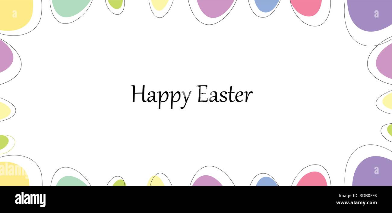 Simple carte de voeux de Pâques avec des œufs pastel dessinés à la main formant une bordure autour du texte centré de joyeuses Pâques sur fond blanc. Illustration de Vecteur