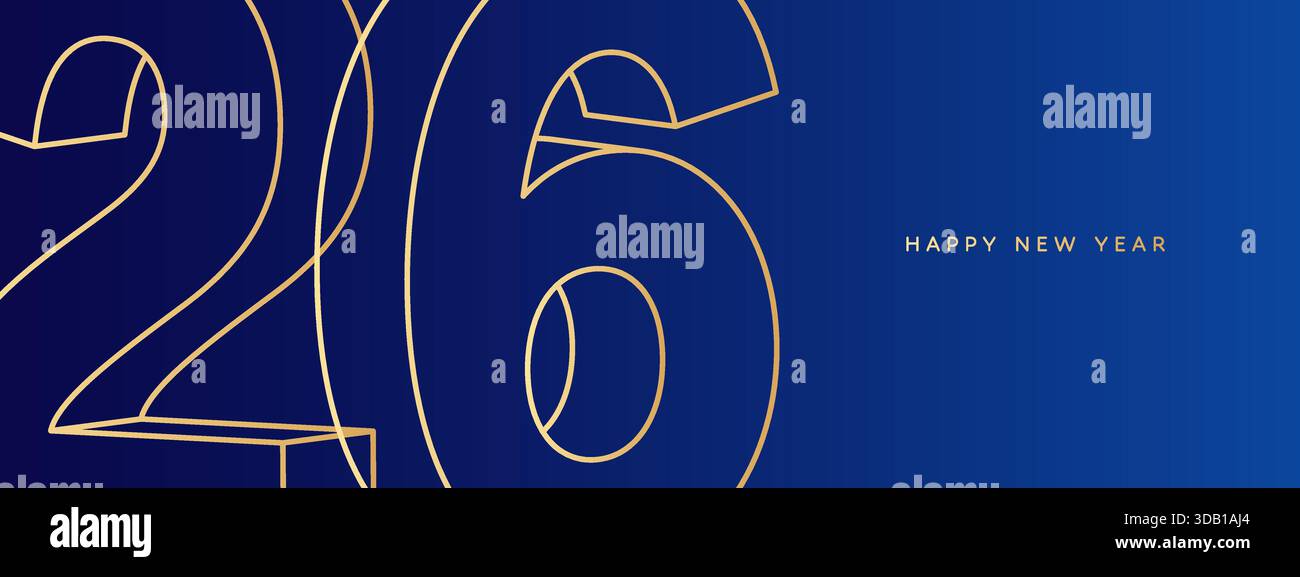 Bannière 2026, fond de carte bonne année 2026 avec numéro de ligne d'or sur fond bleu, logo et texte minimalistes de contour, temp. De conception de carte de voeux Illustration de Vecteur
