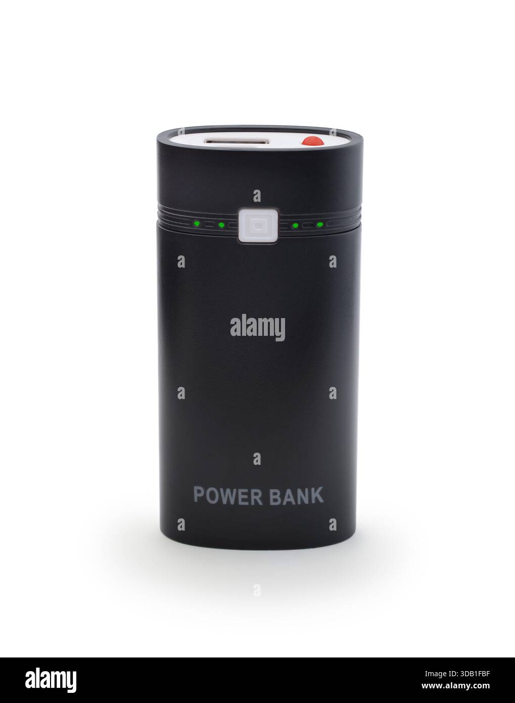 Nouveau powerbank portable en plastique noir moderne isolé sur un fond blanc. Banque D'Images