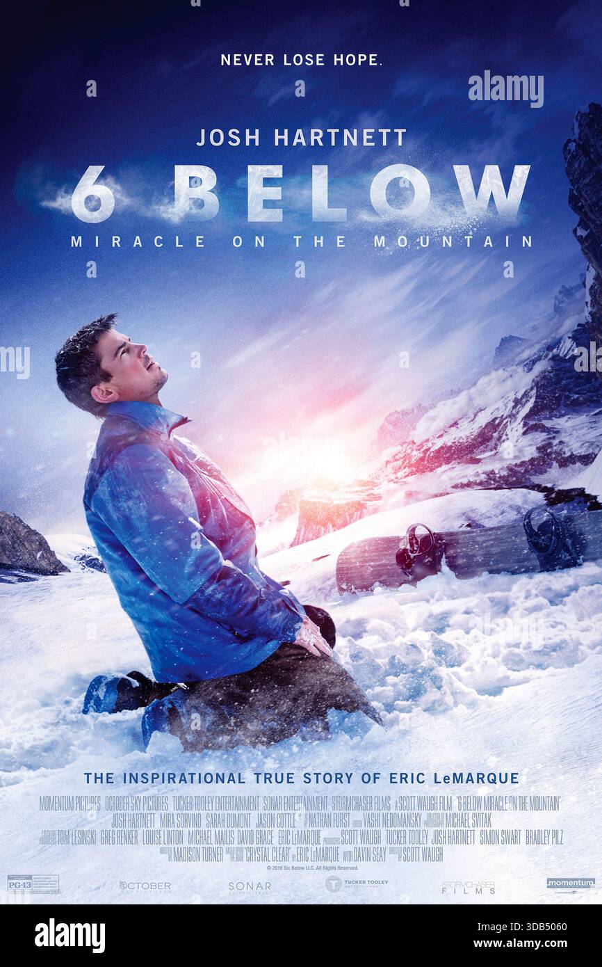 6 ci-dessous : miracle sur la montagne (2017) réalisé par Scott Waugh et mettant en vedette Josh Hartnett, Mira Sorvino et Sarah Dumont. Après qu’un ancien joueur de hockey professionnel soit coincé seul dans la High Sierra lors d’une tempête de neige brutale, il doit combattre les éléments et son passé troublé pour survivre. Affiche AMÉRICAINE À une feuille POUR USAGE ÉDITORIAL UNIQUEMENT. Crédit : BFA / Momentum Pictures Banque D'Images