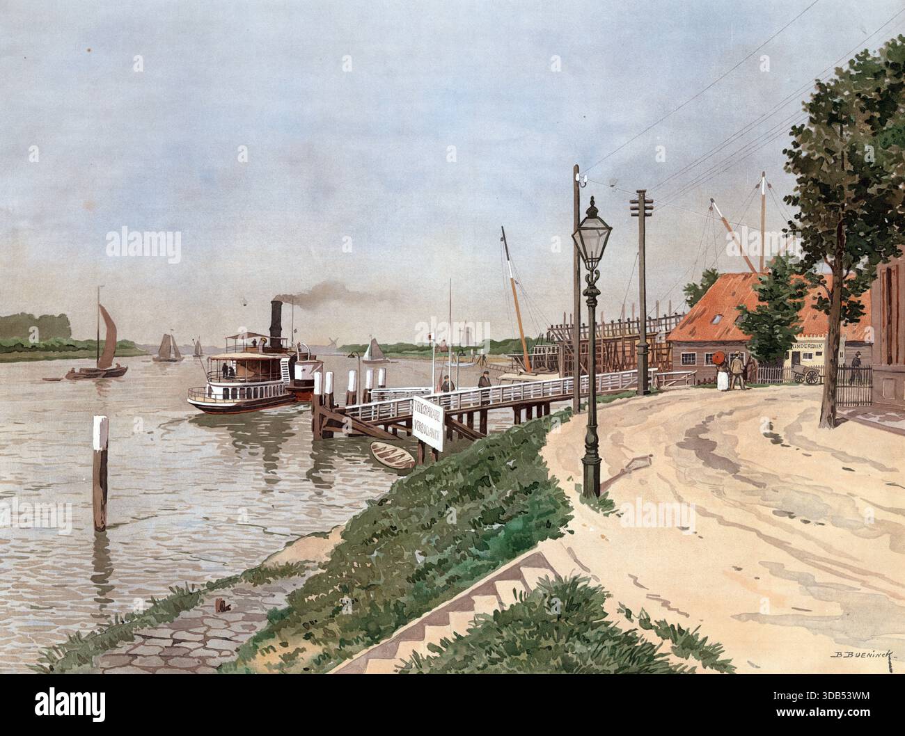 Débarquement d'un navire près de Dordrecht, une ville et une municipalité de la province néerlandaise de Hollande-Méridionale, sur l'île du même nom, Hollande, pays-Bas, reproduction authentique d'une carte murale d'école, historique, vers 1900 Banque D'Images