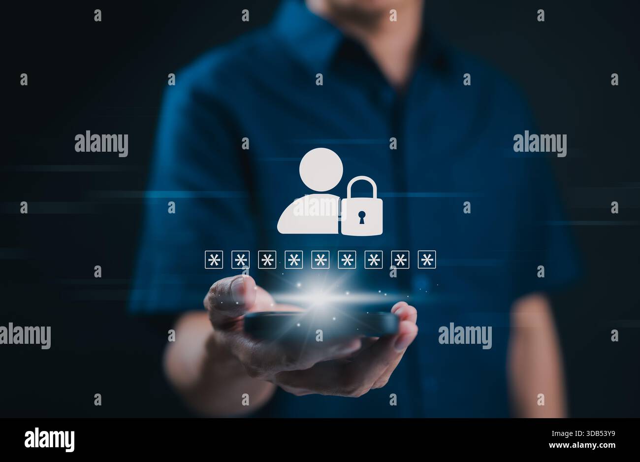 Concept de protection par mot de passe et d'authentification des utilisateurs. Main tenant un téléphone intelligent avec mot de passe de connexion sécurisé et icône de cadenas, représentant la cybersécurité, Banque D'Images