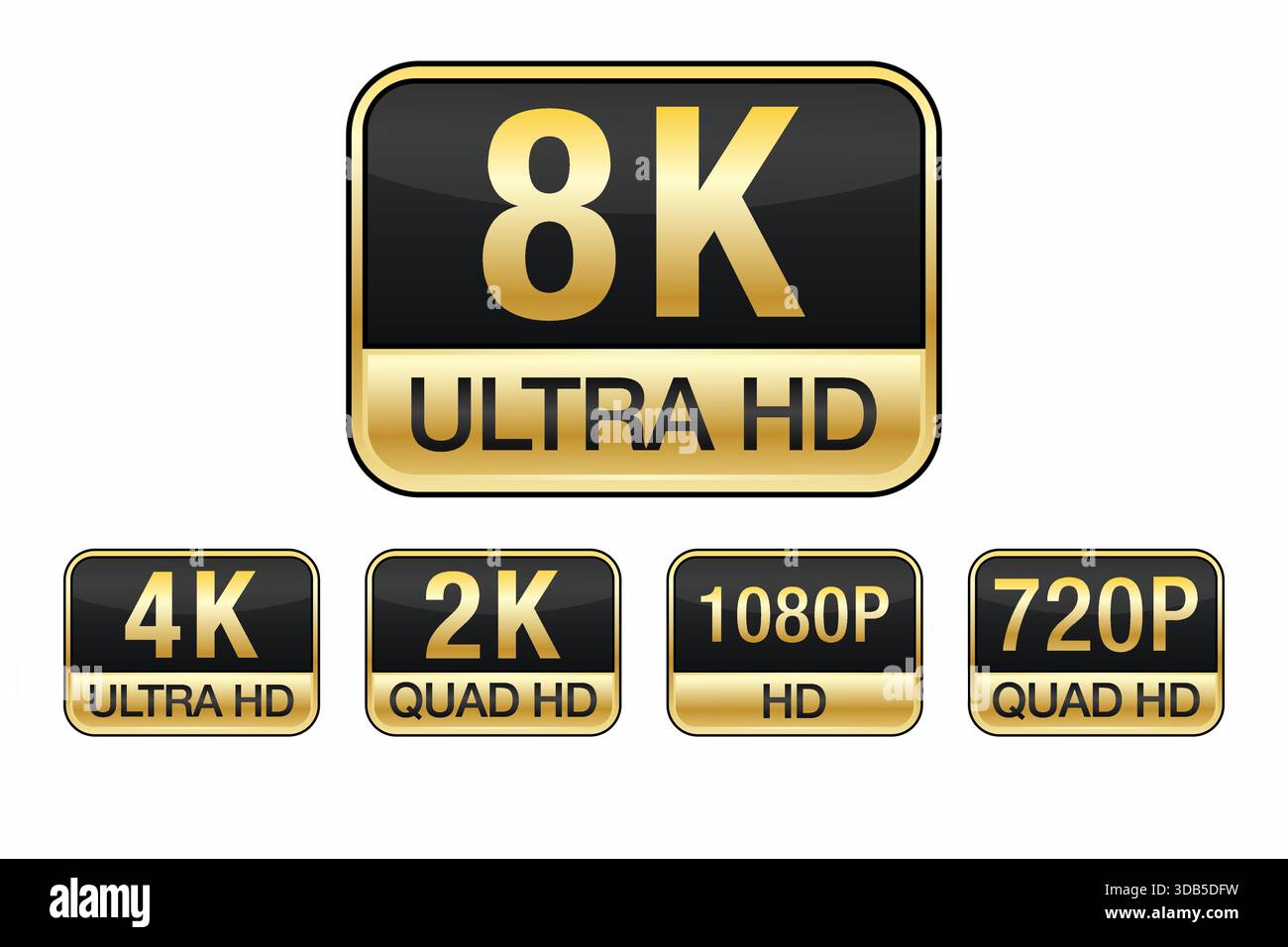 Étiquettes technologiques Black & Gold présentant 8K à 720p – icônes de résolution élégantes pour l'interface utilisateur, les médias et la marque Illustration de Vecteur