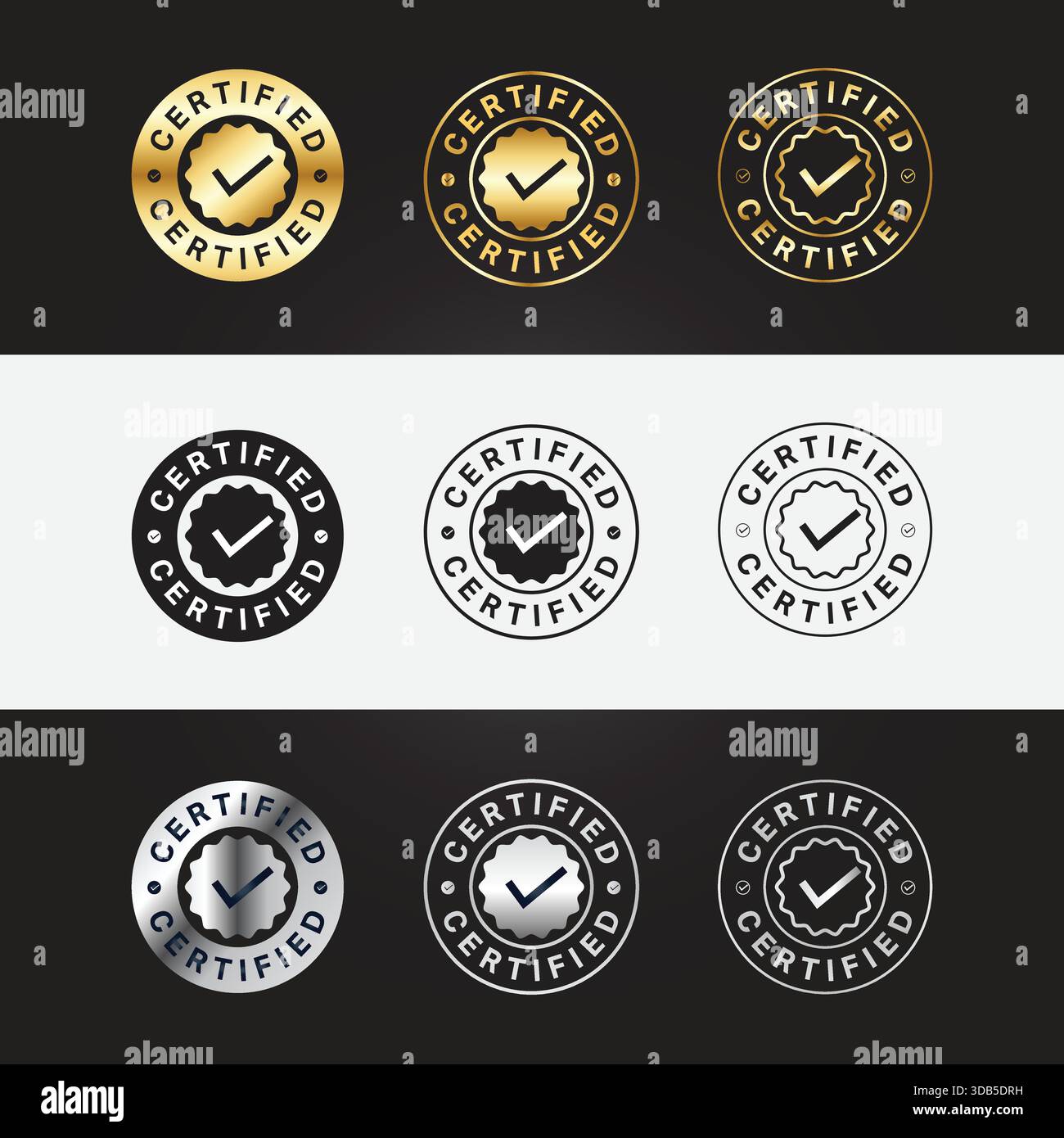 Jeu de scellés certifiés : une collection de neuf scellés certifiés professionnels de haute qualité en or, argent et noir, avec un symbole de coche. Parfait Illustration de Vecteur