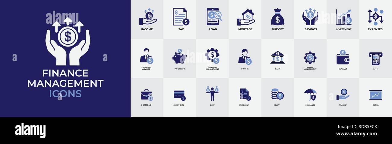 Un ensemble complet d'icônes de gestion financière en bleu et blanc, présentant des concepts tels que la croissance des investissements, les services bancaires, l'épargne, la trans numérique Illustration de Vecteur