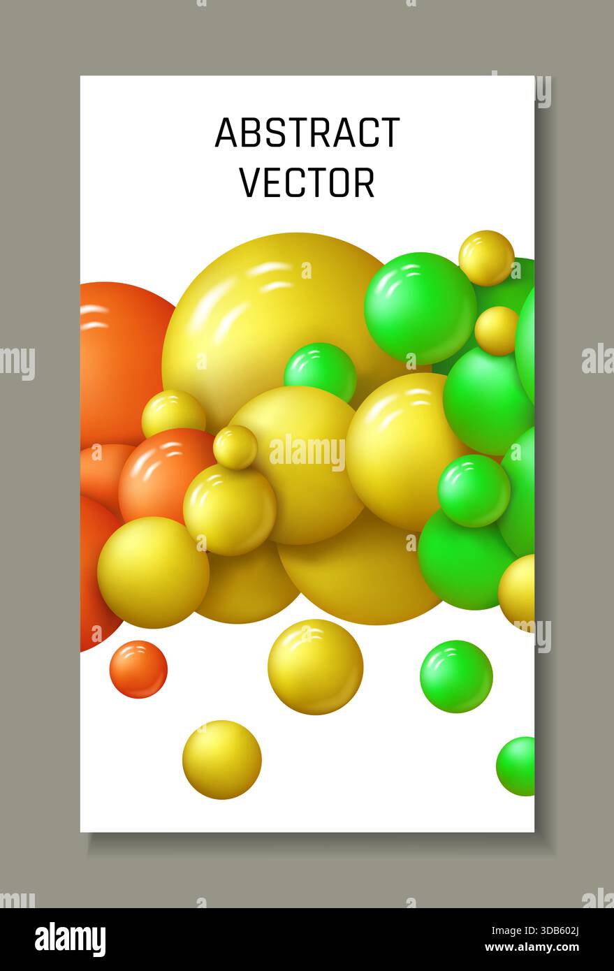 Affiche abstraite. ballon 3d différentes couleurs vives, fond dynamique de sphère en plastique coloré, modèle de flyer géométrique minimal, cercles arc-en-ciel, boules de rendu brillantes volantes. Illustration vectorielle Illustration de Vecteur