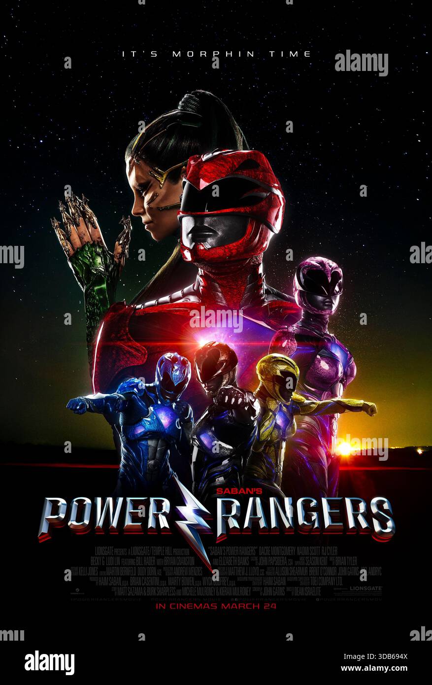 Power Rangers (2017) réalisé par Dean Israélite et mettant en vedette Dacre Montgomery, Naomi Scott et RJ Cyler. Cinq adolescents d'Angel Grove découvrent des pièces de pouvoir extraterrestres qui les transforment en Power Rangers et doivent s'unir pour empêcher Rita Repulsa de détruire la Terre. Affiche AMÉRICAINE À une feuille POUR USAGE ÉDITORIAL UNIQUEMENT. Crédit : BFA / Lionsgate Banque D'Images