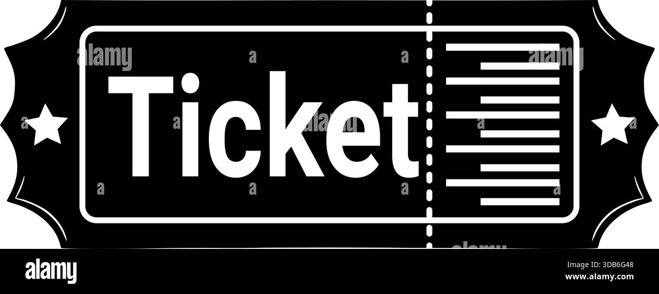 Icône de billet – symbole d'admission noir et blanc avec étoiles et perforations pour les événements, la conception de l'interface utilisateur, les promotions et les éléments graphiques Illustration de Vecteur