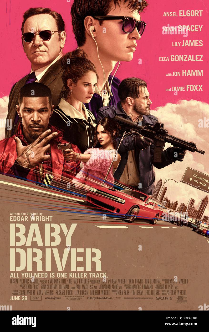Baby Driver (2017) réalisé par Edgar Wright et mettant en vedette Ansel Elgort, Lily James et Kevin Spacey. Un chauffeur doué qui compte sur la musique pour se concentrer tente de quitter sa vie de crime après être tombé amoureux, mais son équipe criminelle le force à un dernier braquage. Affiche AMÉRICAINE À une feuille POUR USAGE ÉDITORIAL UNIQUEMENT. Crédit : BFA / TriStar Pictures Banque D'Images