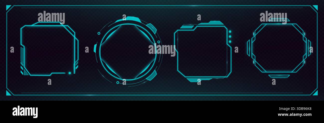 Collection de cadres HUD futuriste avec bordures de néon brillantes et éléments d'interface numérique. Panneaux d'interface utilisateur de jeu Tech avec des barres d'écran cyberpunk, des boîtes holographiques et des cadres de science-fiction sur fond sombre. Illustration de Vecteur