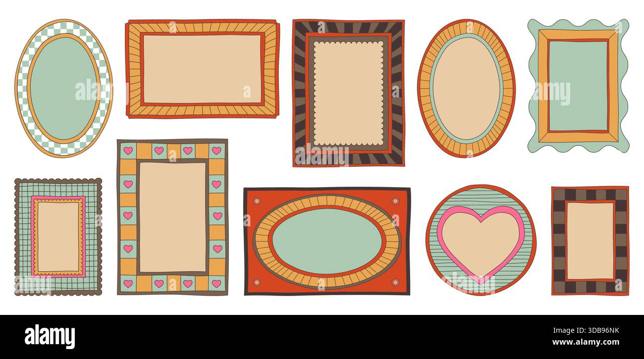 Collection de bordure de cadre dessinée y2k avec des formes de bords ondulés mignons et des motifs rectangulaires. Éléments décoratifs vintage colorés avec des motifs à carreaux, des textures rayées, des motifs de coeur pour des projets rétro. Illustration de Vecteur
