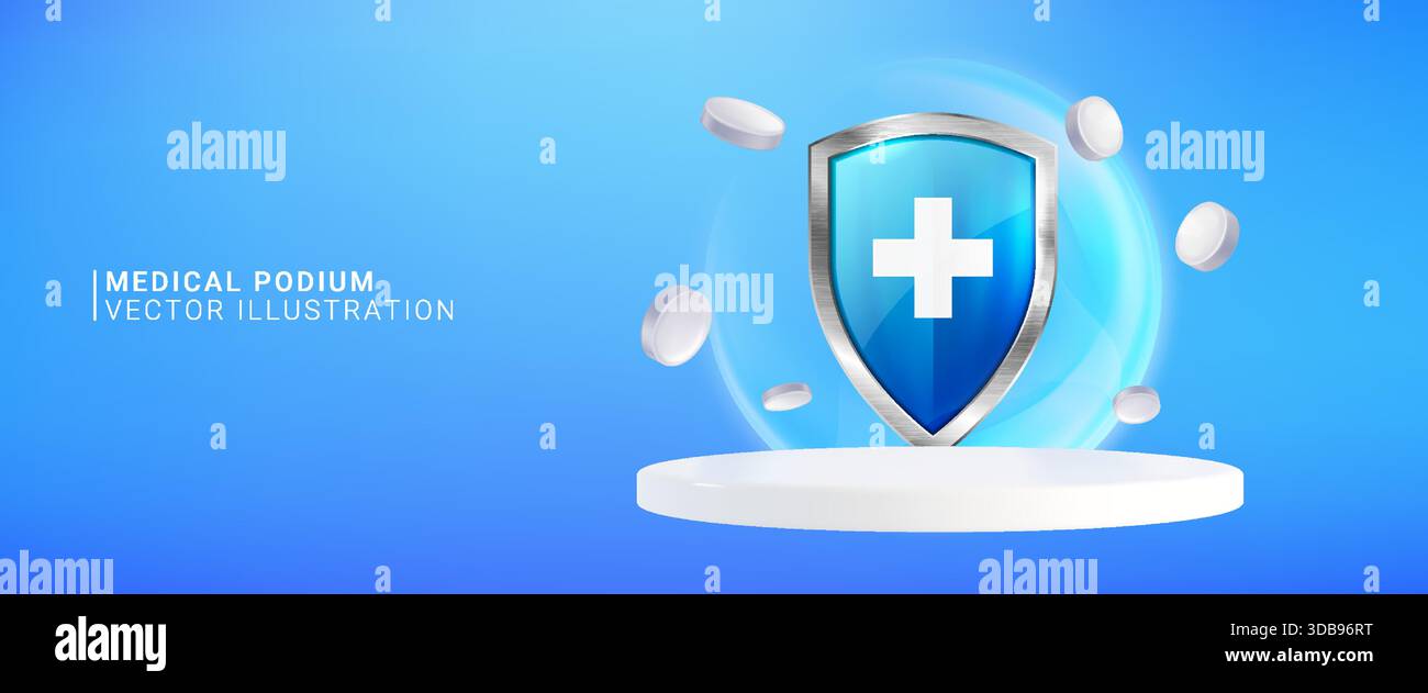 Scène podium 3D blanche avec croix médicale sur bouclier protecteur et pilules flottantes. Fond bleu avec symboles de soins de santé, icône d'hôpital et éléments de pharmacie sur la plate-forme pour la présentation du produit. Illustration de Vecteur