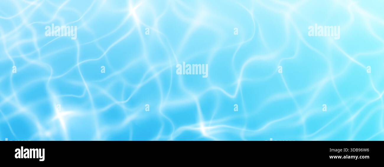 Texture de l'eau de piscine avec des motifs de surface ondulés et des reflets caustiques chatoyants. Fond liquide bleu avec effets de vagues réalistes, superposition de lumière du soleil et éléments aquatiques pour les graphismes d'été. Illustration de Vecteur