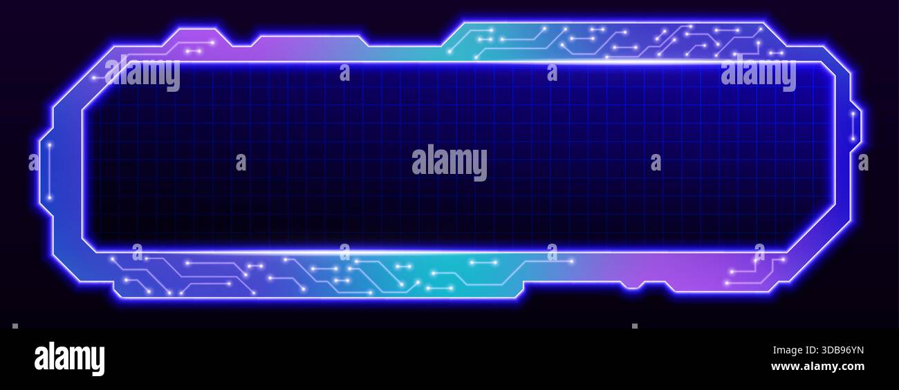 Cadre de grille Tech HUD avec élément d'interface d'interface futuriste. Cyber-écran numérique avec bordure bleue de technologie de néon dégradé violet. Panneau de jeu SCI fi et boîte holographique - conception cyberpunk pour l'affichage des données. Illustration de Vecteur