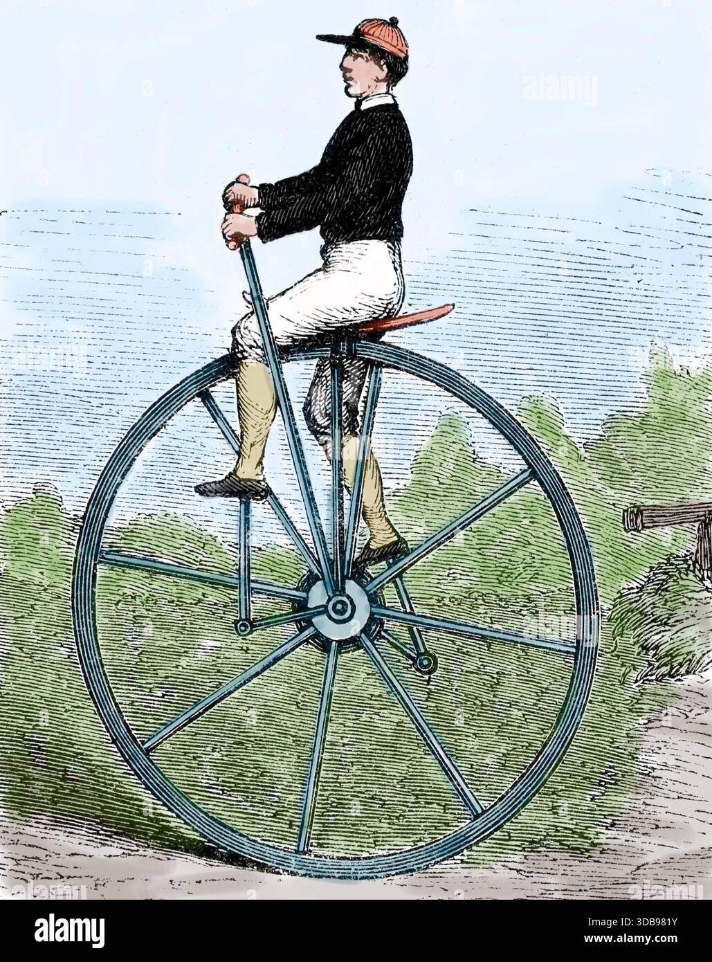 Véhicule à une roue. Monocycle. Gravure, XIXe siècle. Couleur à la main. Banque D'Images