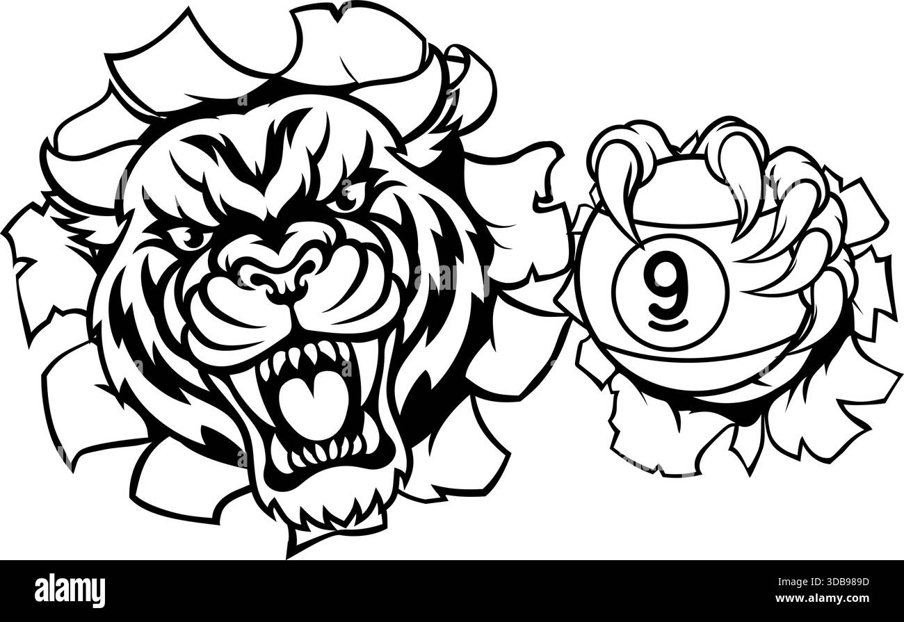 Mascotte de dessin animé tigre et 9 boules Nine Ball Pool Illustration de Vecteur
