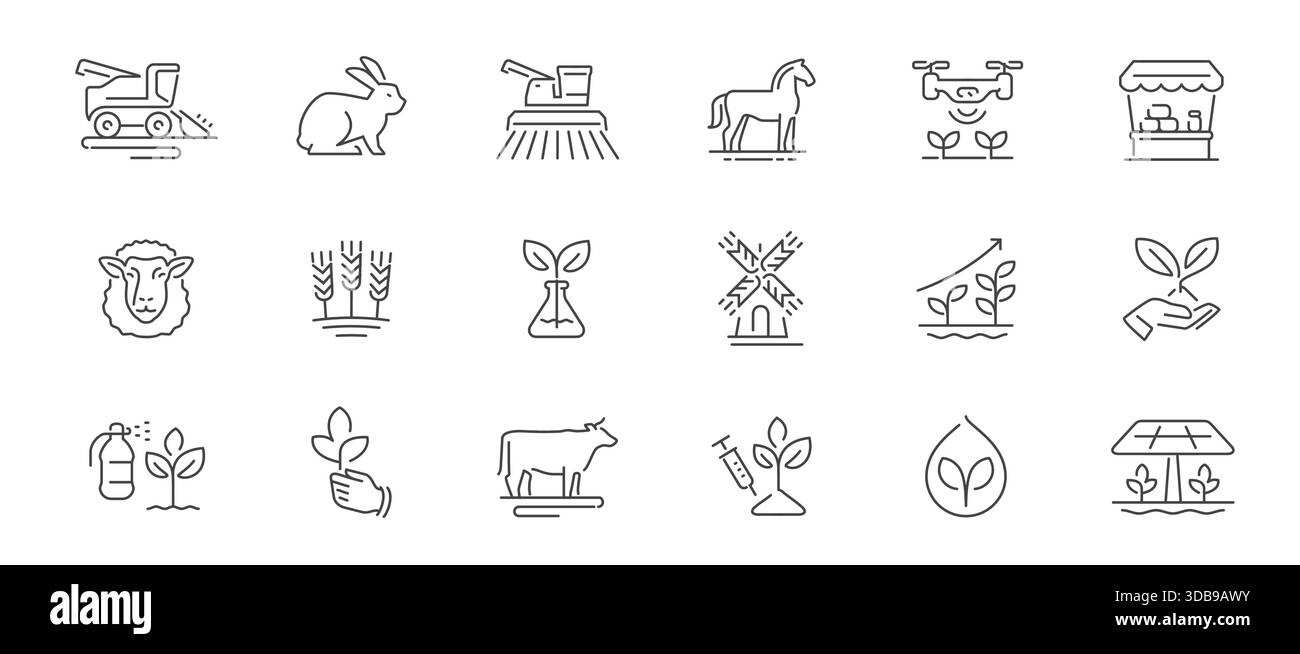 Icônes de ligne d'agriculture définies. Agriculture, concept d'industrie agricole. Symboles ou signes linéaires Illustration de Vecteur