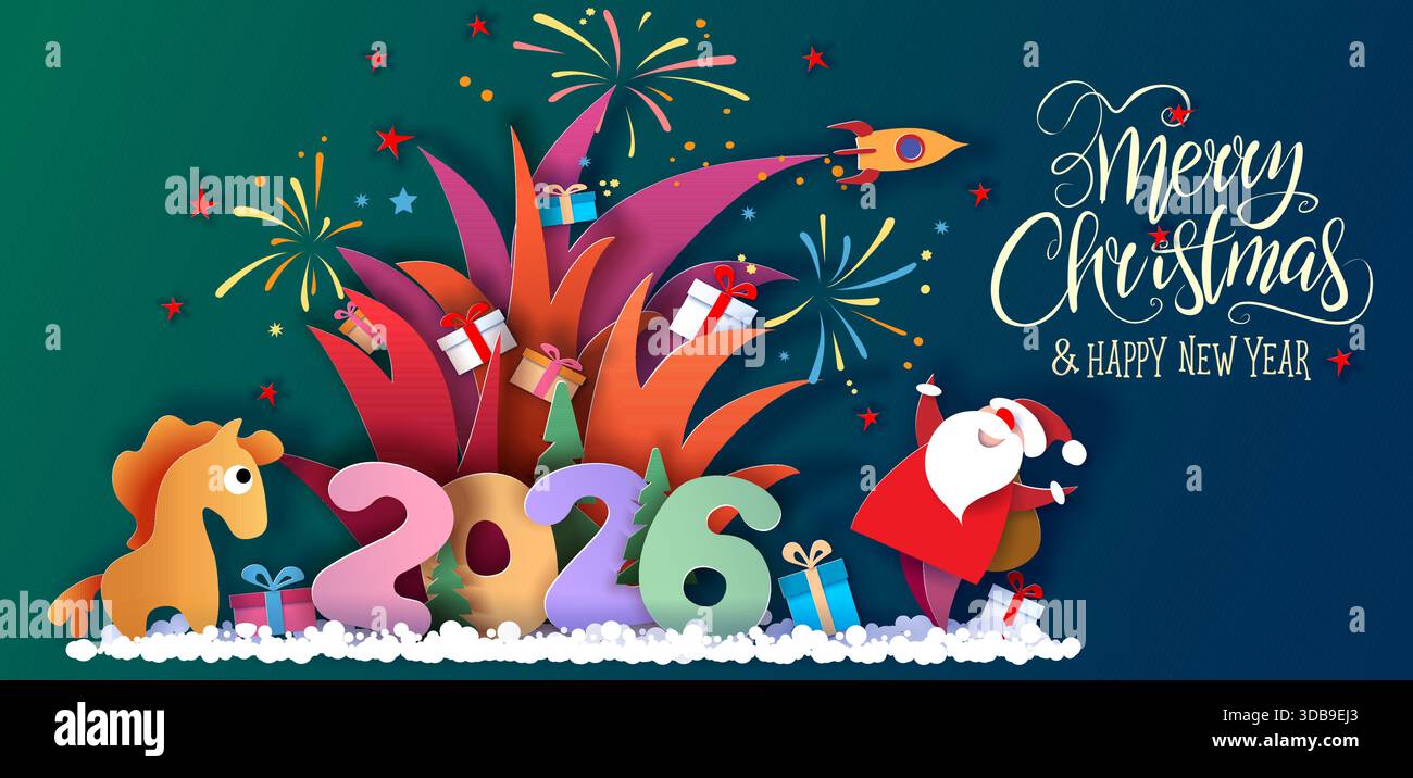 Nouvelle année et Joyeux Noël design publicitaire. Père Noël avec boîte cadeau et feux d'artifice sur de grandes lettres 2026 sur fond bleu Illustration de Vecteur