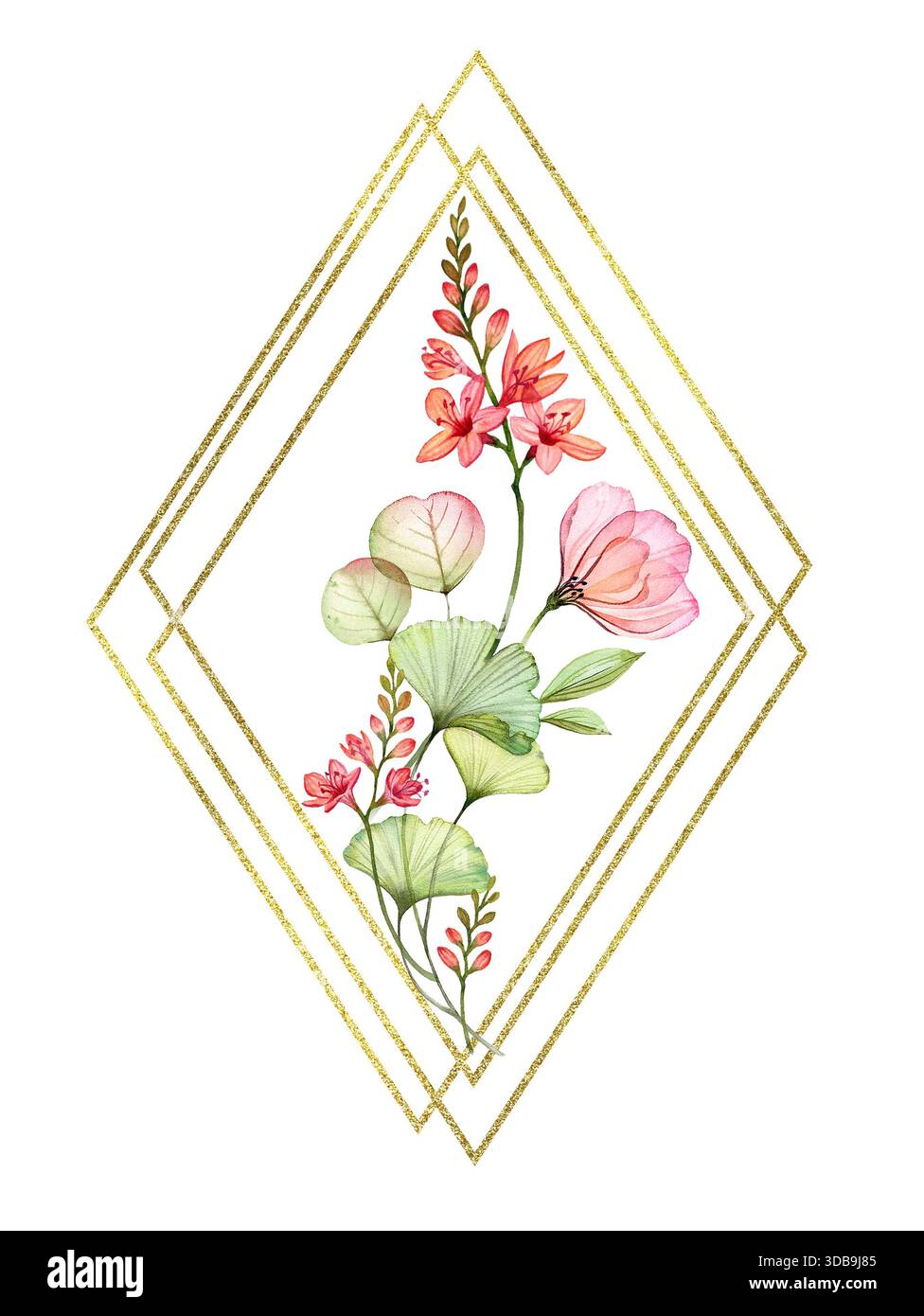 Bannière aquarelle avec des fleurs transparentes à l'intérieur d'un cadre doré. Modèle de carte verticale élégant avec fleurs roses et feuille de paillettes. Dessiné à la main Banque D'Images