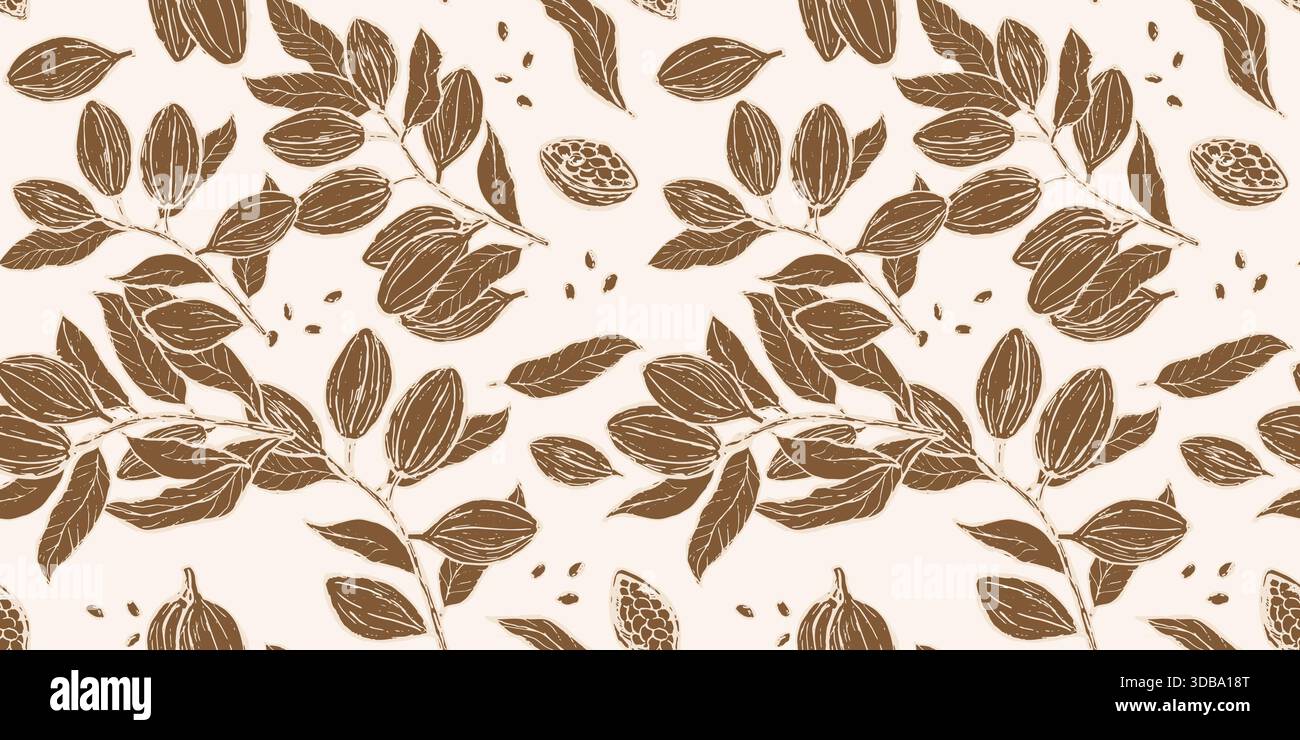 Motif sans couture de fruits au chocolat dessiné à la main. Fruits et feuilles de cacao, graines dans le style croquis. Illustration vectorielle de contour. Dos de fruits au chocolat au cacao Illustration de Vecteur