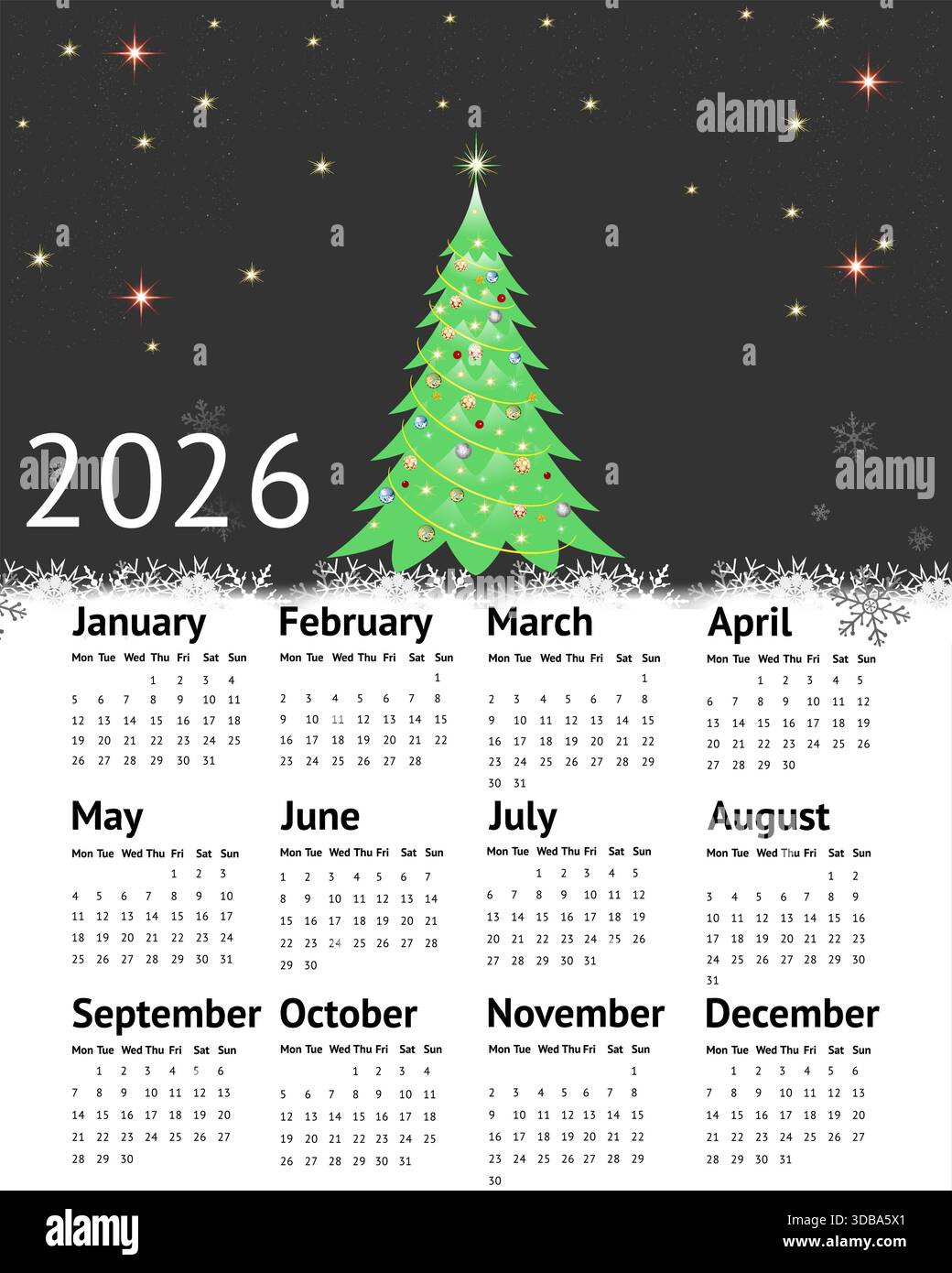 Calendrier 2026 année sur le mur, arbre de Noël et guirlandes. Illustration de Vecteur