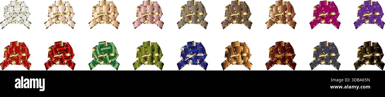 Collection d'arcs cadeaux en satin réalistes et de rubans décoratifs pour les cadeaux et les célébrations. Illustration de Vecteur