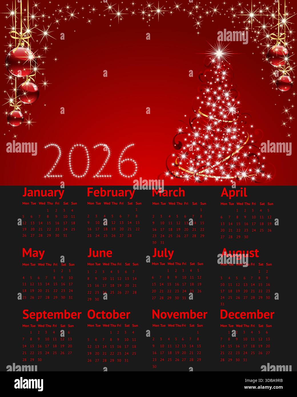 Année civile 2026. Illustration vectorielle. Modèle simple. La semaine commence lundi. Modèle d'année simple de calendriers de poche ou muraux. Organisateur annuel. Illustration de Vecteur