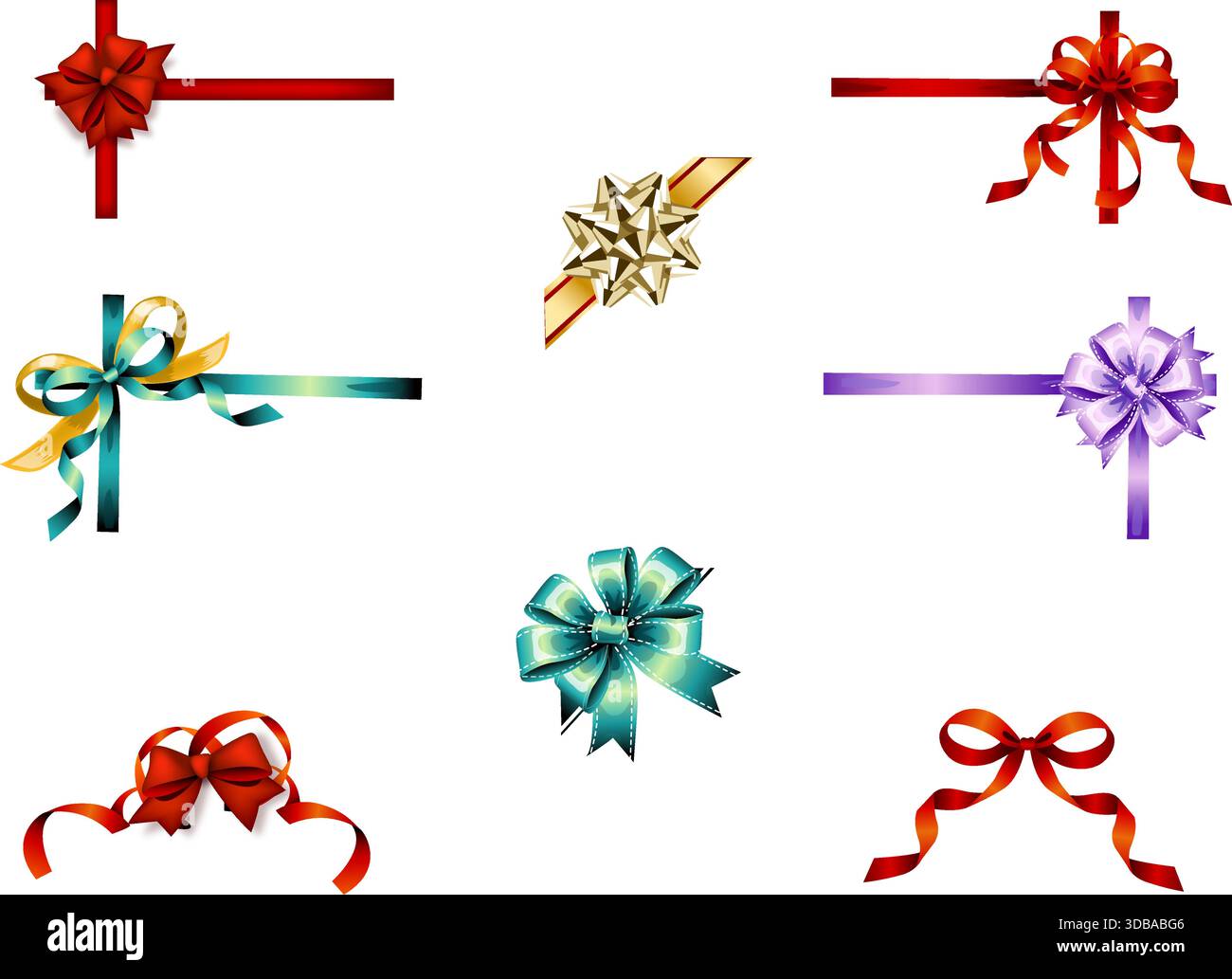 Angle d'arc de ruban réaliste. Décoration de cadeau, arcs 3D pour coins de boîte et modèle de cadeaux de vacances. Rouge, or gifting rubans ensemble vecteur. Illustration de Vecteur