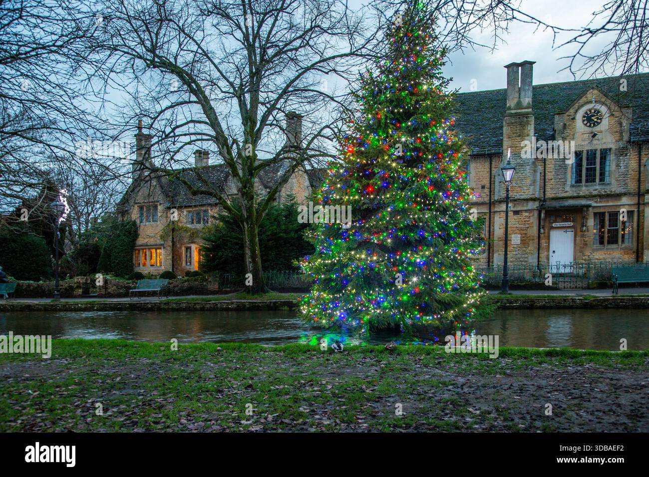 Arbre de noël flottant décoré avec des lumières, sur la rivière Windrush comme il passe à travers le village Cotswold de Bourton sur l'eau Gloucestershire Banque D'Images