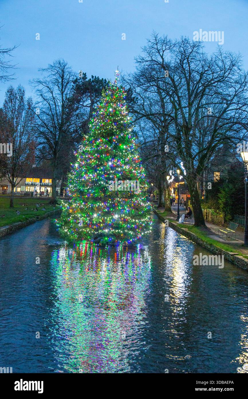 Arbre de noël flottant décoré avec des lumières, sur la rivière Windrush comme il passe à travers le village Cotswold de Bourton sur l'eau Gloucestershire Banque D'Images