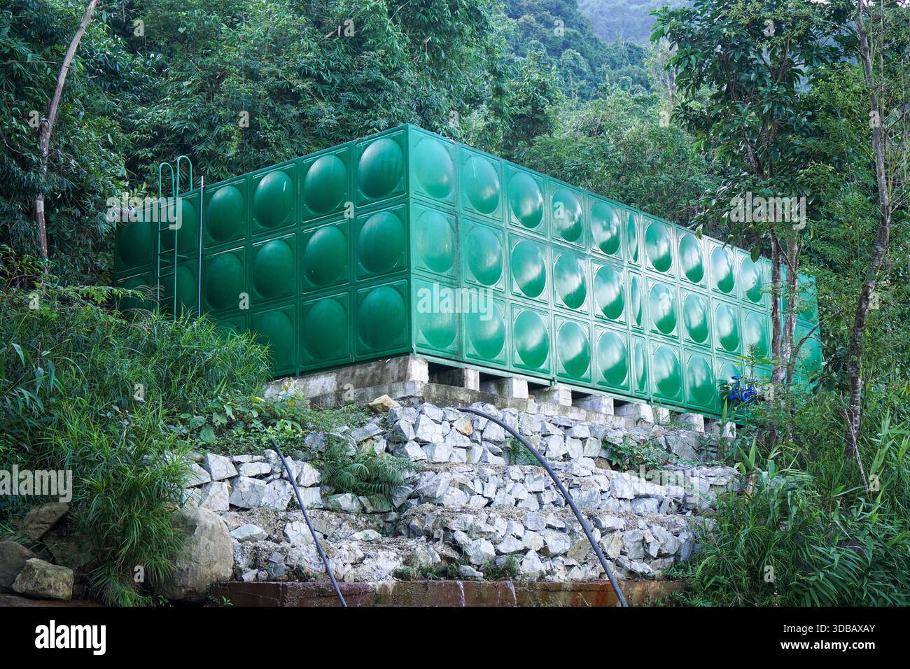 Grand réservoir d'eau vert dans une jungle luxuriante et montagneuse, fournissant des ressources essentielles. Banque D'Images
