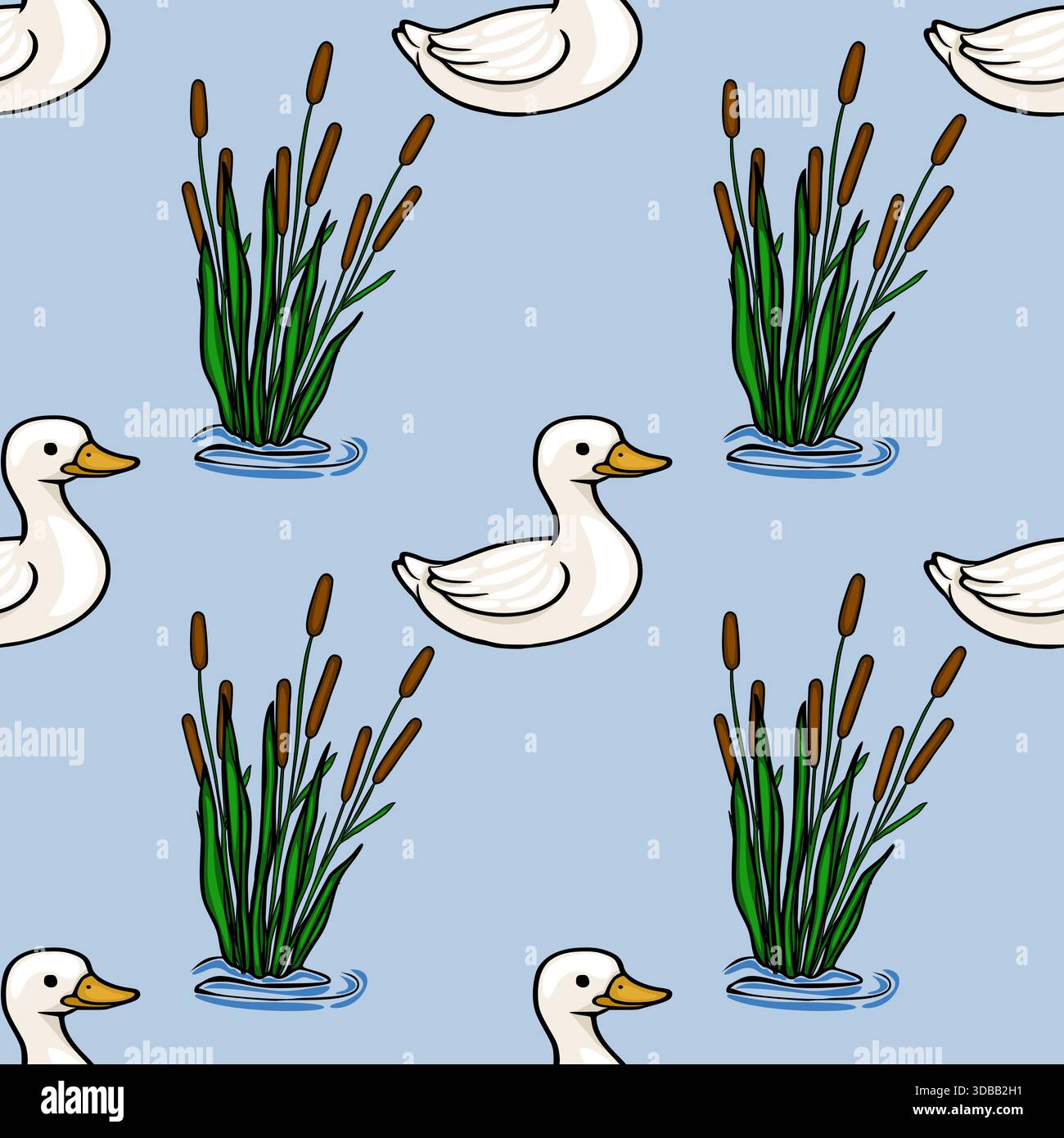 Modèle vectoriel sans couture de canards blancs mignons nageant parmi les queues dans l'eau bleue calme, rendu dans un style de dessin animé simple et charmant. Illustration de Vecteur