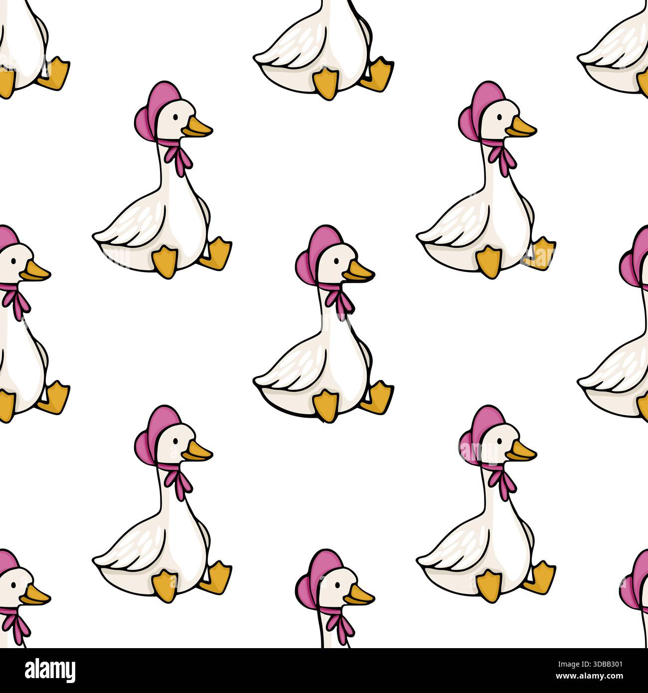 Charmant motif vectoriel d'oies blanches mignonnes portant des bonnets et des arcs roses, placé sur un fond blanc propre. Illustration de Vecteur