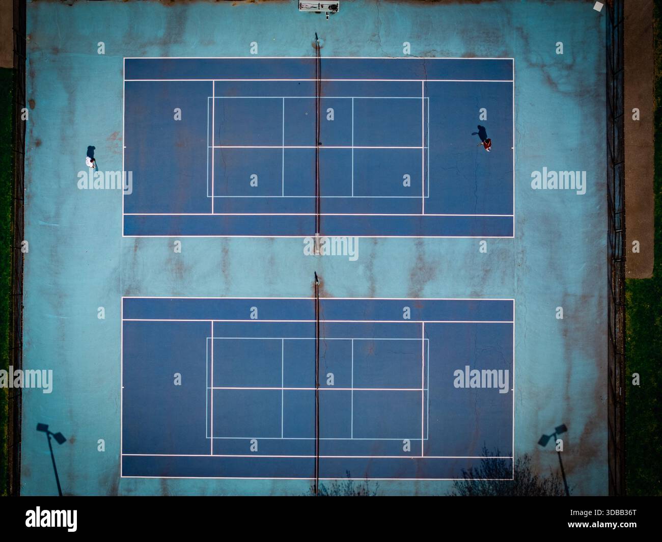 Vue aérienne des courts de tennis bleus contrastés, encadrés par un feuillage vert, créant une composition vibrante et symétrique, Boston, Massachusetts, Uni Banque D'Images
