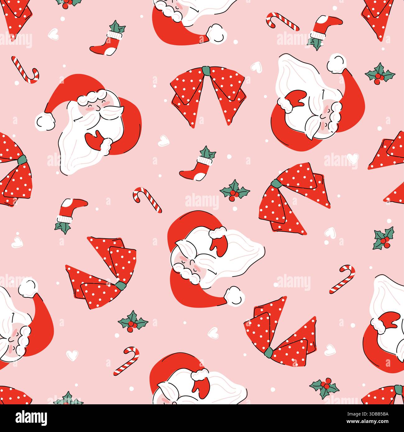 Motif de Noël sans couture avec des visages de Père Noël mignons, sacs-cadeaux, cannes de bonbons, arcs, étoiles, et des éléments festifs dans des couleurs pastel douces, parfait. Illustration de Vecteur