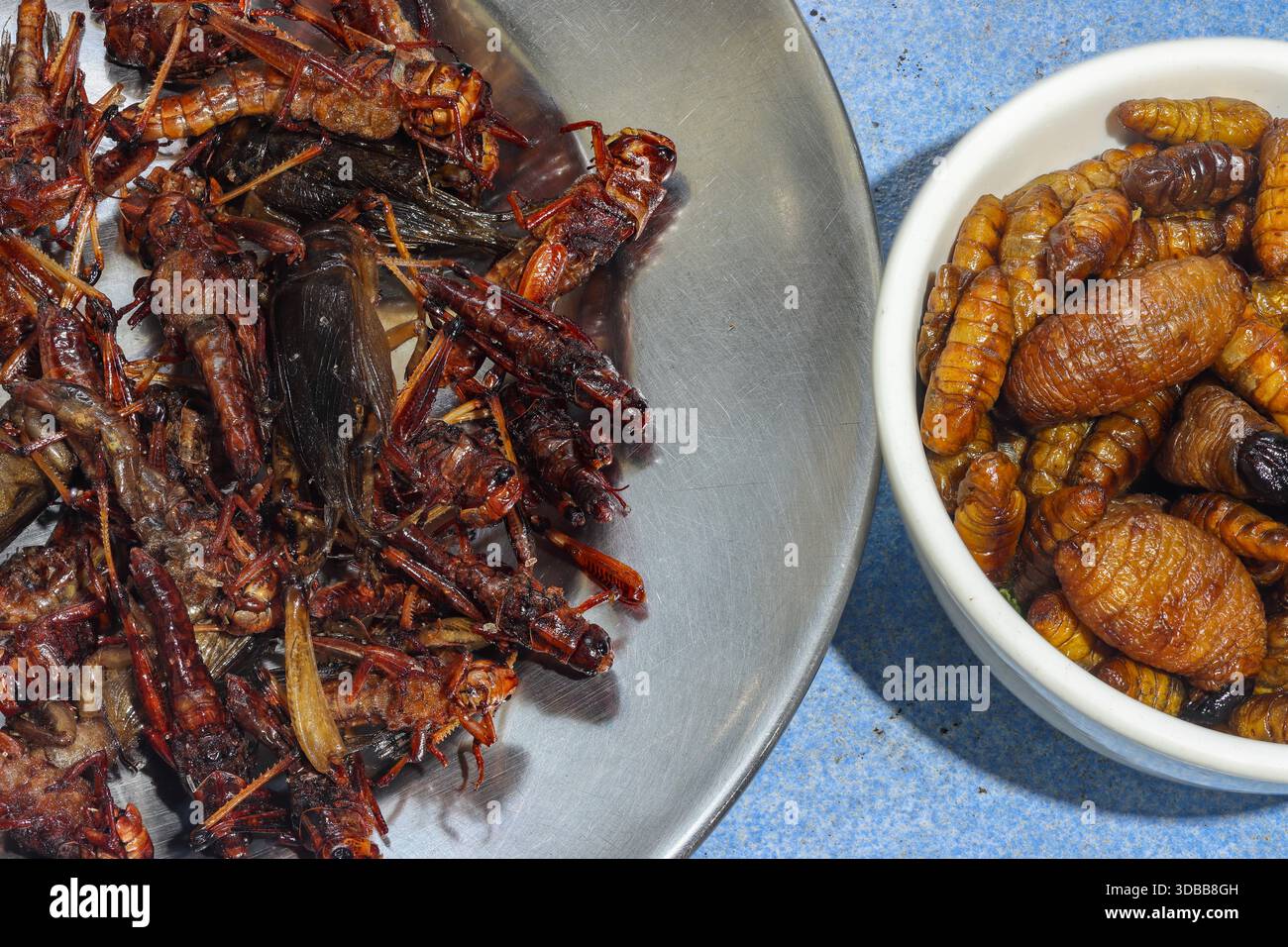 Différents types d'insectes rôtis sur un plateau en métal et dans un bol pour le dîner sur une table de cuisine carrelée sale, gros plan. Banque D'Images