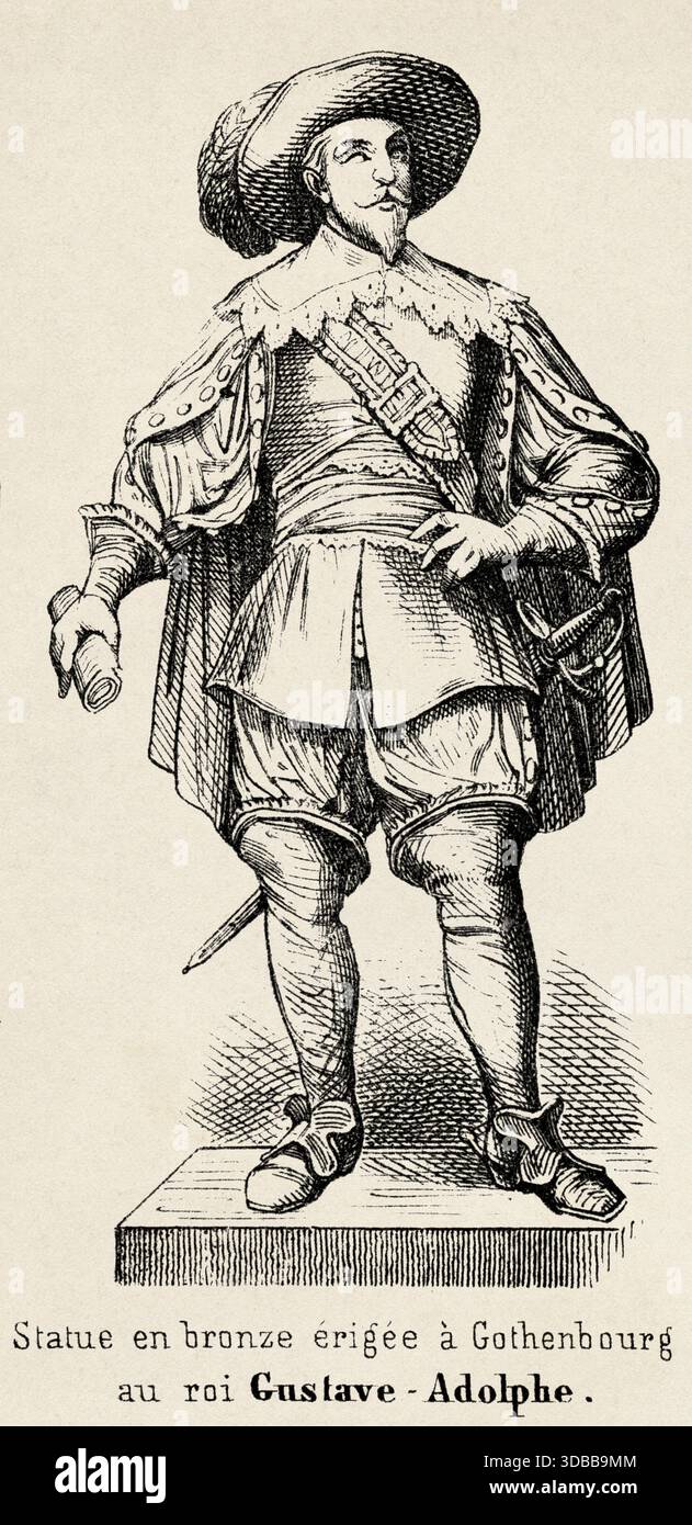 Gustav II Adolf (1594-1632) Statue à Gothenburg, Suède. Illustration ancienne d'Emile Simon (1805-1886) tirée de l'Atlas historique et pittoresque, histoire universelle 1861 Banque D'Images