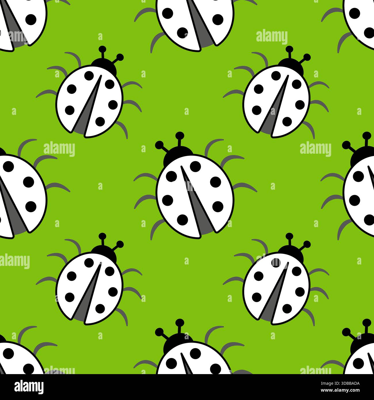 Coccinelles blanches noires sur fond vert. Nature modèle sans couture de coccinelles et de verdure. Fond frais minimaliste monochrome. Illustration de Vecteur